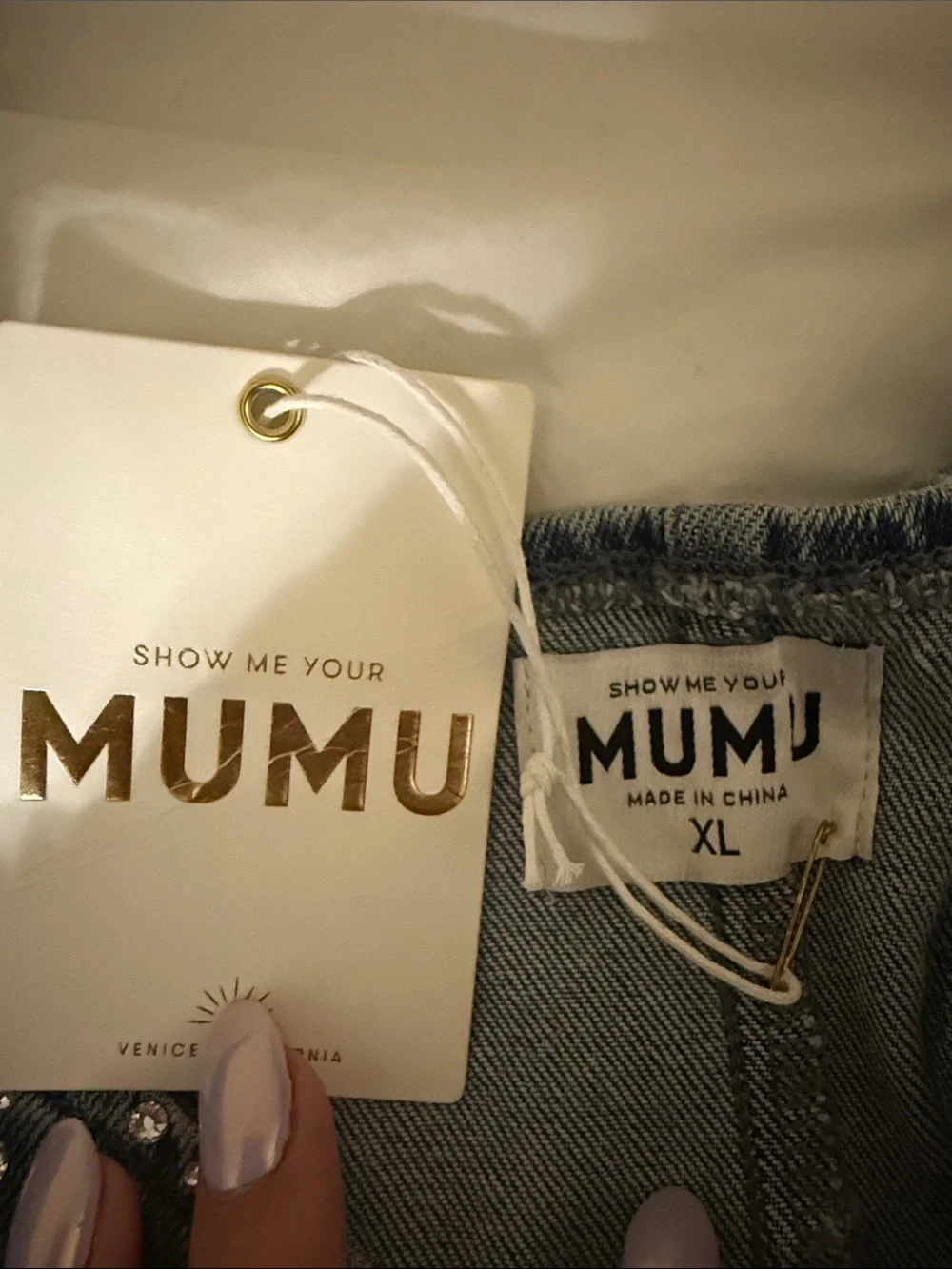 Show me your mummu Rhinestone Detail Denim Jumpsuit with Belt- Blue - Picture 5 of 6